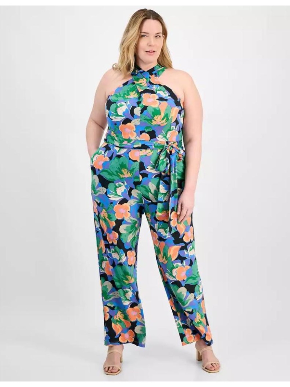 NWT Tahari ASL Print Twist Neck Tie Waist Sleeveless Jumpsuit - size 16W